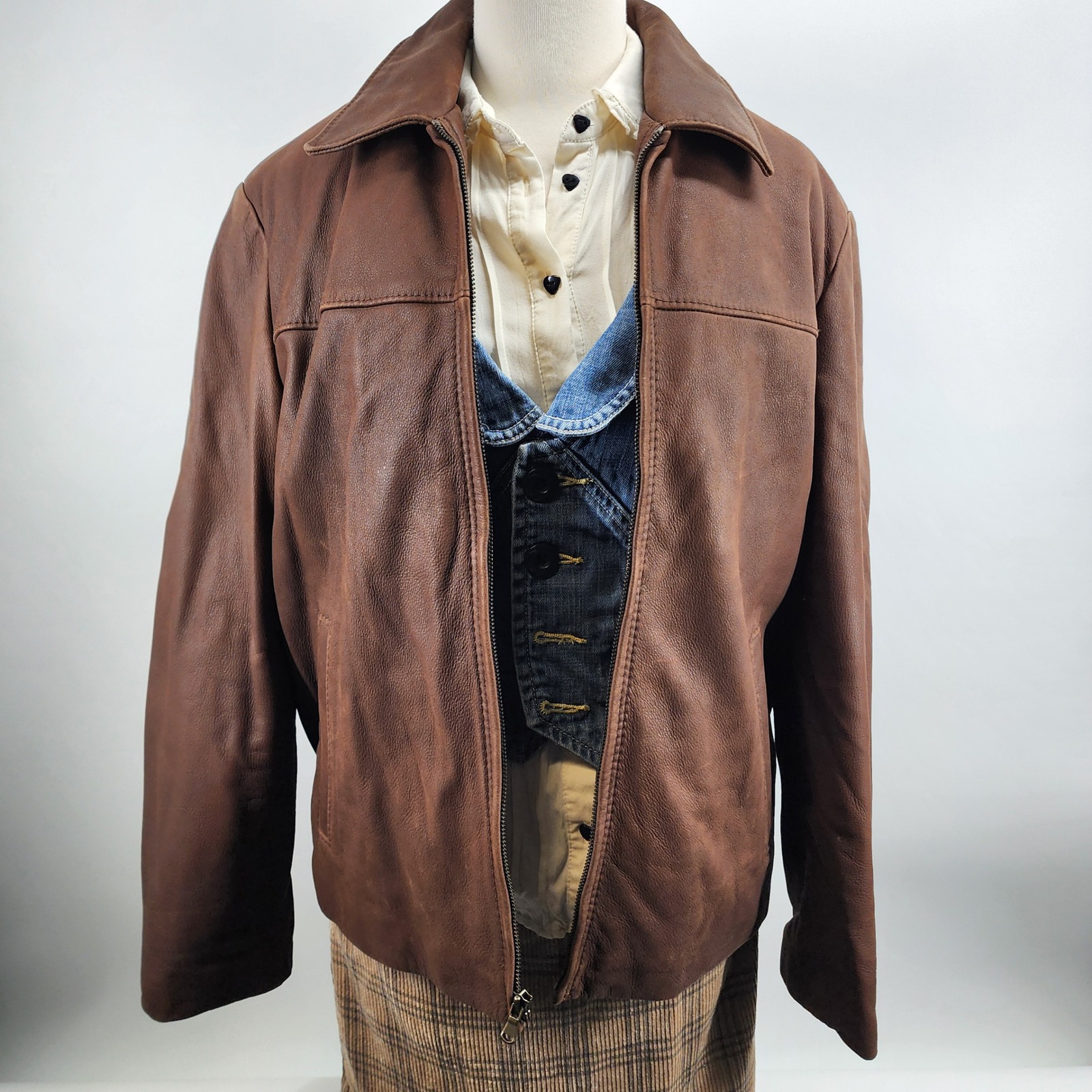 R&D Brand Brown Leather Jacket Mens Oversized S Zip Front Bomber Point Collar